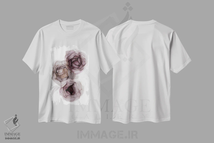 تیشرت سفید طرح دار رزهای دودی، نقاشی با جوهر الکل اثر استودیو هنری مونه و مانه | immage.ir
