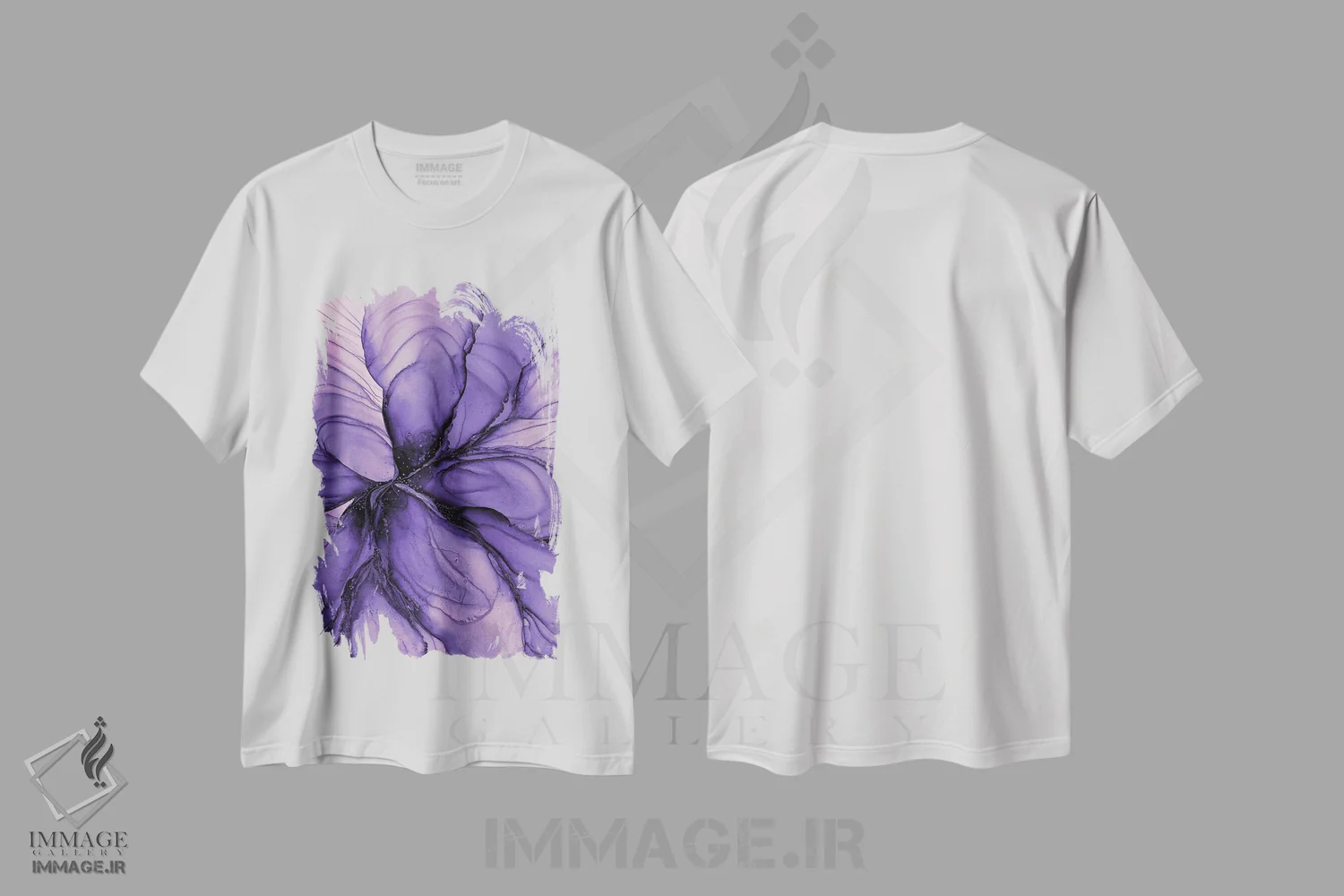 تیشرت سفید طرح دار گل بنفش II اثر استودیو هنری مونه و مانه | فروشگاه ایماژ
