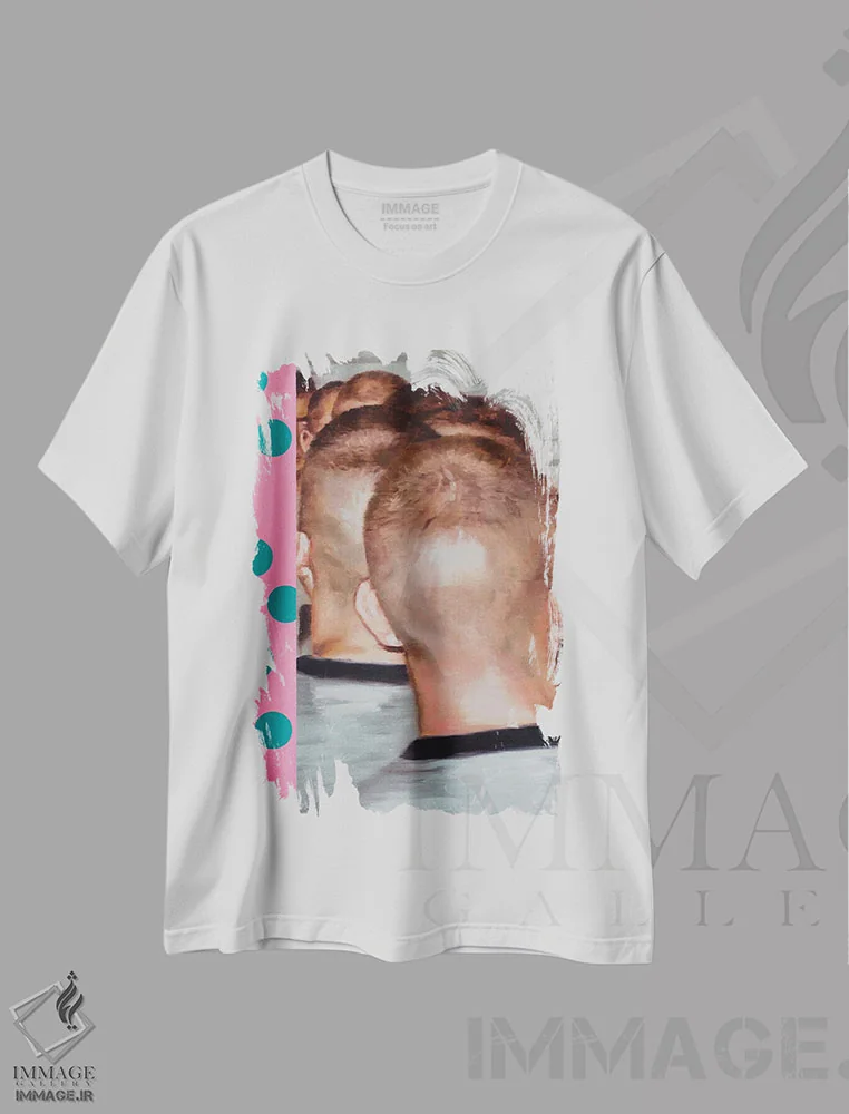 تیشرت سفید طرح دار دایره های فیروزه ای، هنر فاخر معاصر اثر الکساندر بالبیشف | فروشگاه ایماژ