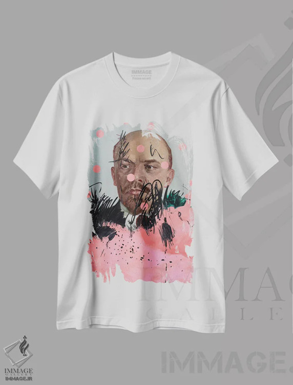 تیشرت سفید طرح دار لنین با دایره های صورتی، هنر فاخر معاصر اثر الکساندر بالبیشف | فروشگاه ایماژ