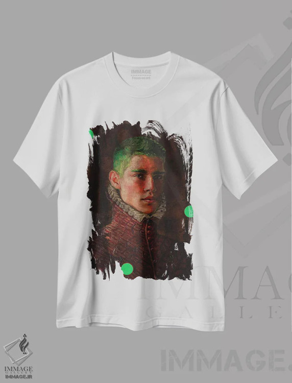 تیشرت سفید طرح دار پرتره مرد جوان با لباس قرمز، هنر فاخر معاصر اثر الکساندر بالبیشف | immage.ir