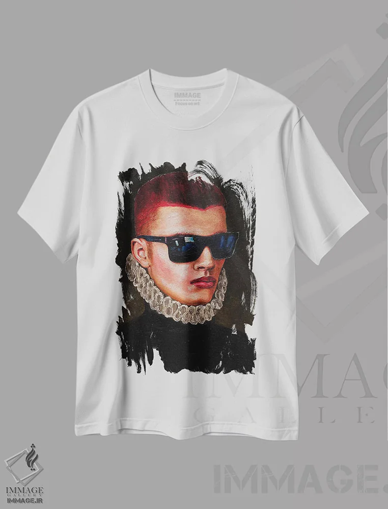 تیشرت سفید طرح دار پرتره مرد جوان با عینک آفتابی، هنر فاخر معاصر اثر الکساندر بالبیشف | فروشگاه ایماژ