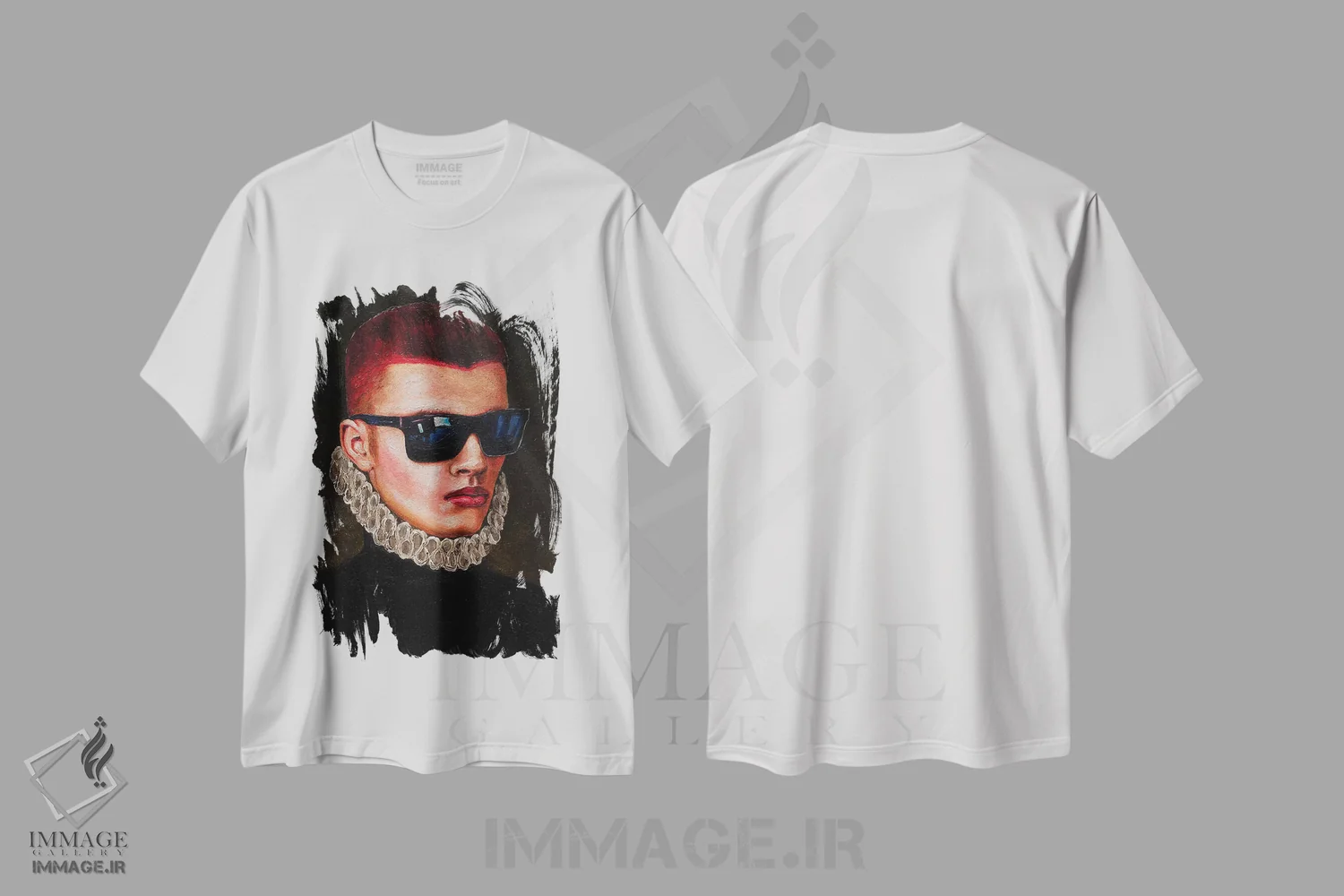 تیشرت سفید طرح دار پرتره مرد جوان با عینک آفتابی، هنر فاخر معاصر اثر الکساندر بالبیشف | فروشگاه ایماژ