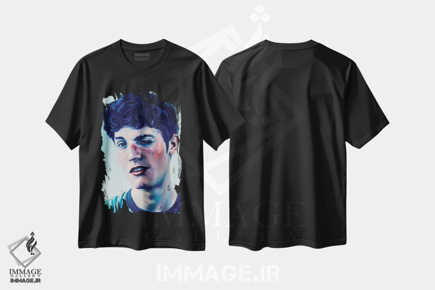 تیشرت مشکی طرح دار پسر با موی آبی، هنر فاخر معاصر اثر الکساندر بالبیشف | فروشگاه ایماژ