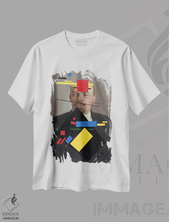 تیشرت سفید طرح دار لنین با سبک سوپرماتیسم، هنر فاخر معاصر اثر الکساندر بالبیشف | فروشگاه ایماژ