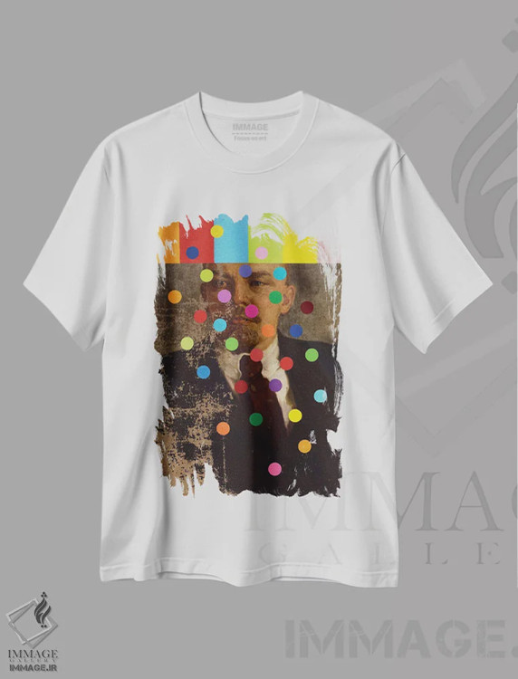 تیشرت سفید طرح دار لنین با نوارها و دایره های رنگی، هنر فاخر معاصر اثر الکساندر بالبیشف | immage.ir