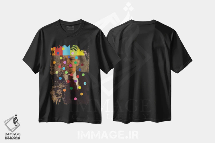 تیشرت مشکی طرح دار لنین با نوارها و دایره های رنگی، هنر فاخر معاصر اثر الکساندر بالبیشف | فروشگاه ایماژ