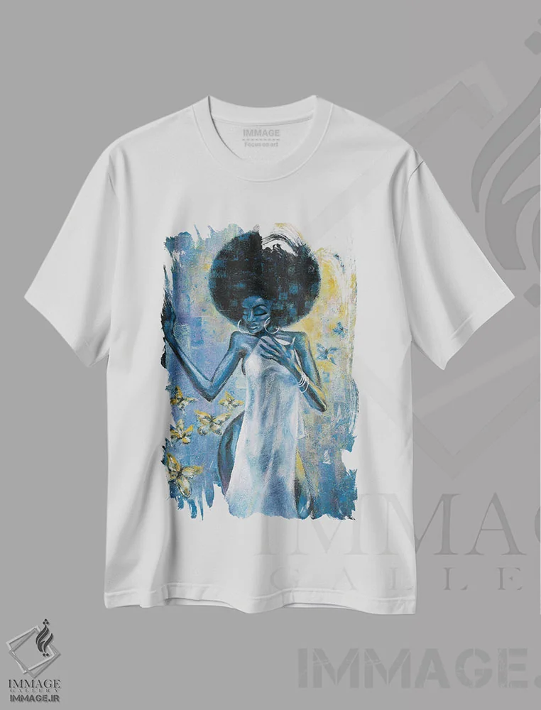 تیشرت سفید طرح دار آفرو آبی، هنر آمریکایی آفریقایی تبار اثر جیسون اوبرایان | immage.ir