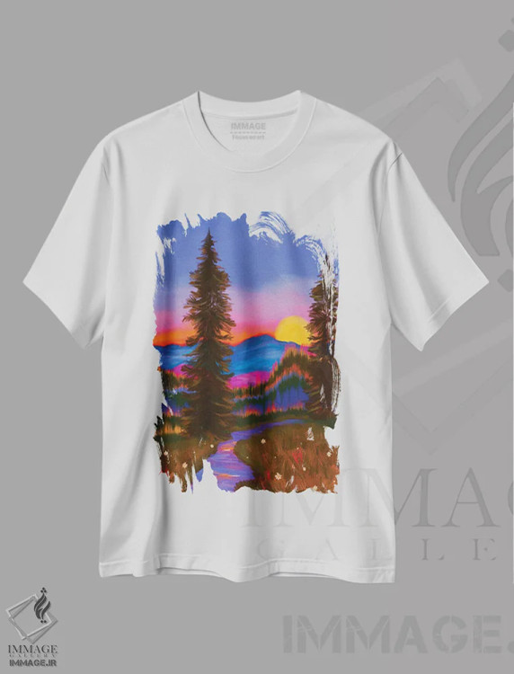 تیشرت سفید طرح دار غروب در جنگل، دکور معاصر اثر اولیویا بورکی | immage.ir
