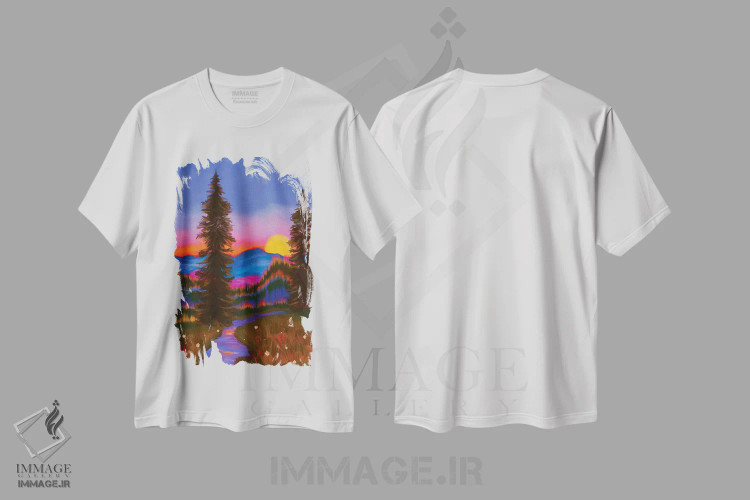 تیشرت سفید طرح دار غروب در جنگل، دکور معاصر اثر اولیویا بورکی | immage.ir