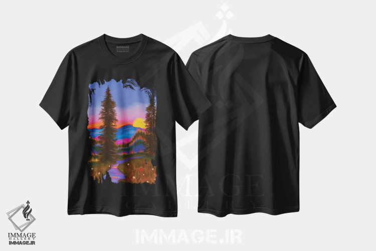 تیشرت مشکی طرح دار غروب در جنگل، دکور معاصر اثر اولیویا بورکی | فروشگاه ایماژ