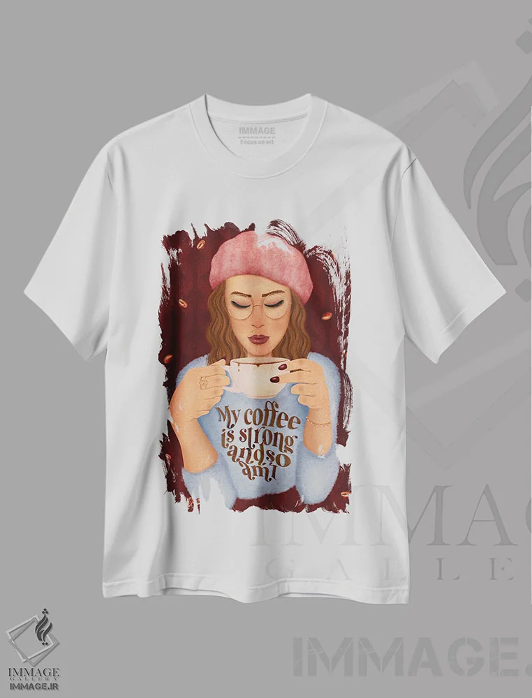 تیشرت سفید طرح دار قهوه ام قوی ست و من هم همین طور، هنر دیجیتال اثر اولیویا بورکی | immage.ir