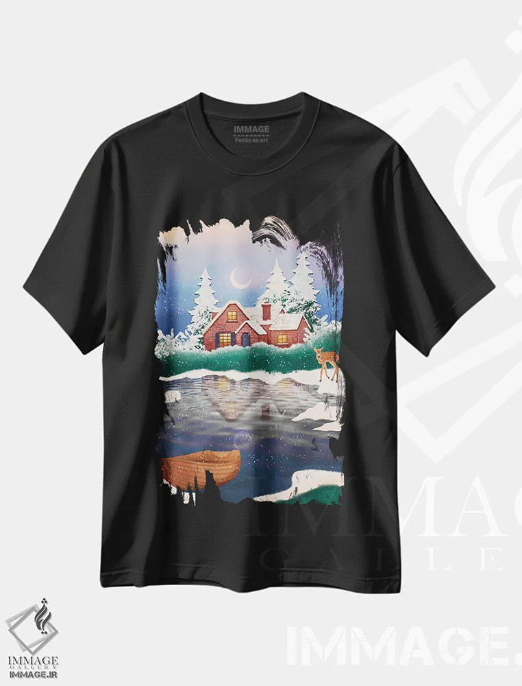 تیشرت مشکی طرح دار سرزمین عجایب زمستانی، هنر دیجیتال اثر اولیویا بورکی | فروشگاه ایماژ