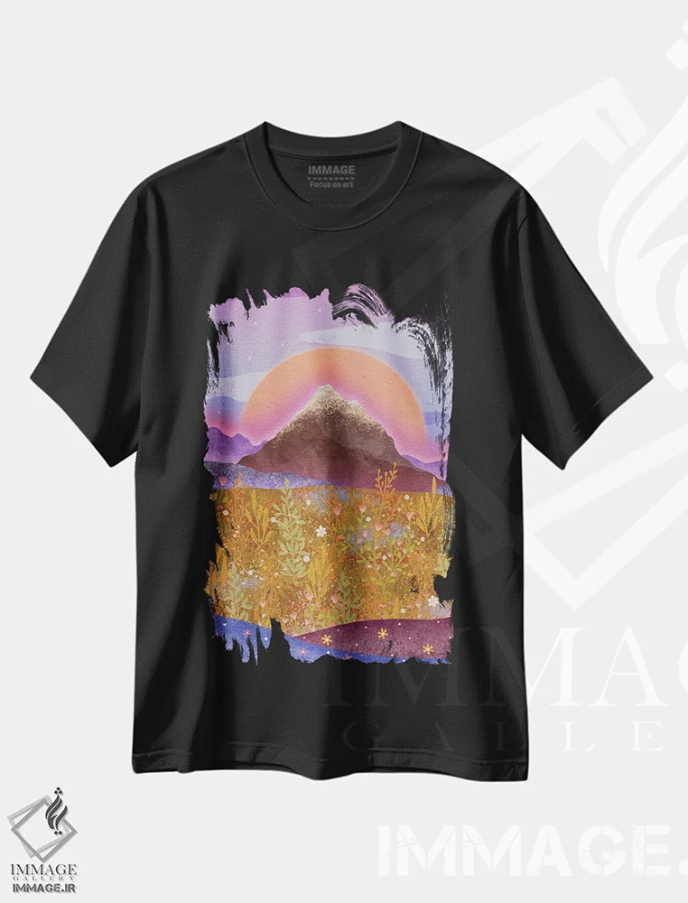 تیشرت مشکی طرح دار کوه گل ها، دکور بوهمی اثر اولیویا بورکی | فروشگاه ایماژ
