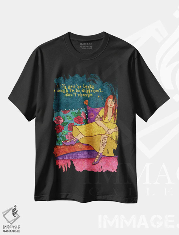 تیشرت مشکی طرح دار خوشحال از متفاوت بودن، دکور بوهمی اثر اولیویا بورکی | فروشگاه ایماژ