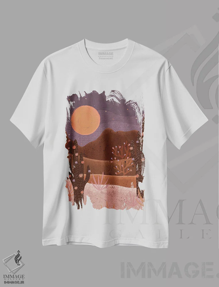 تیشرت سفید طرح دار بیابان شکوفا، دکور بوهمی اثر اولیویا بورکی | immage.ir