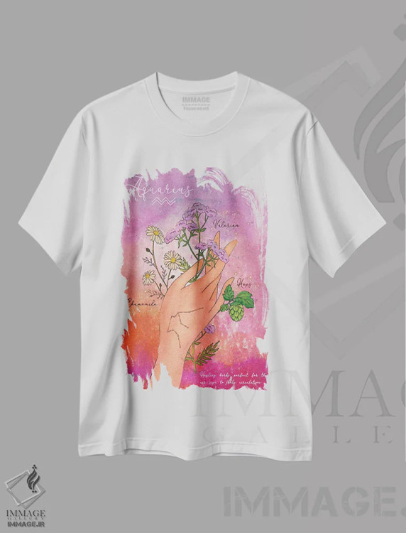 تیشرت سفید طرح دار گیاهان درمانی آکواریوس، تایپوگرافی اثر اولیویا بورکی | immage.ir