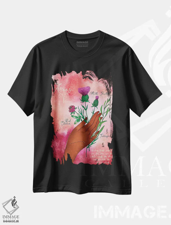 تیشرت مشکی طرح دار گیاهان درمانی آریس، تایپوگرافی اثر اولیویا بورکی | فروشگاه ایماژ
