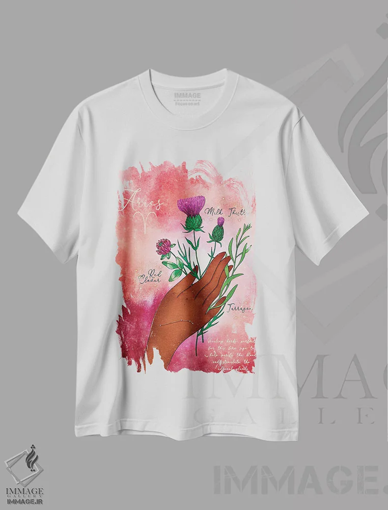 تیشرت سفید طرح دار گیاهان درمانی آریس، تایپوگرافی اثر اولیویا بورکی | immage.ir