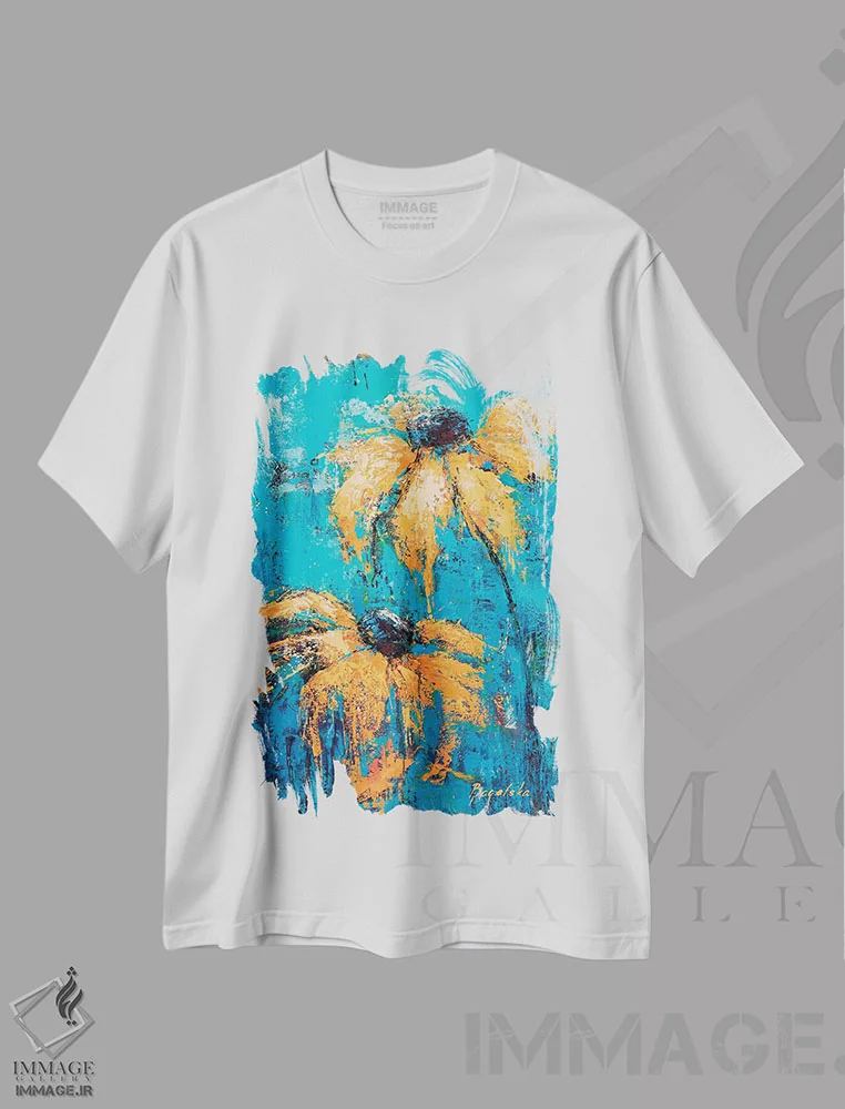 تیشرت سفید طرح دار گل های سوسن سیاه چشم، آبستره اثر اولنا بوگاتسکا | فروشگاه ایماژ