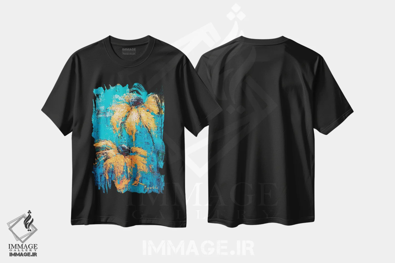 تیشرت مشکی طرح دار گل های سوسن سیاه چشم، آبستره اثر اولنا بوگاتسکا | immage.ir