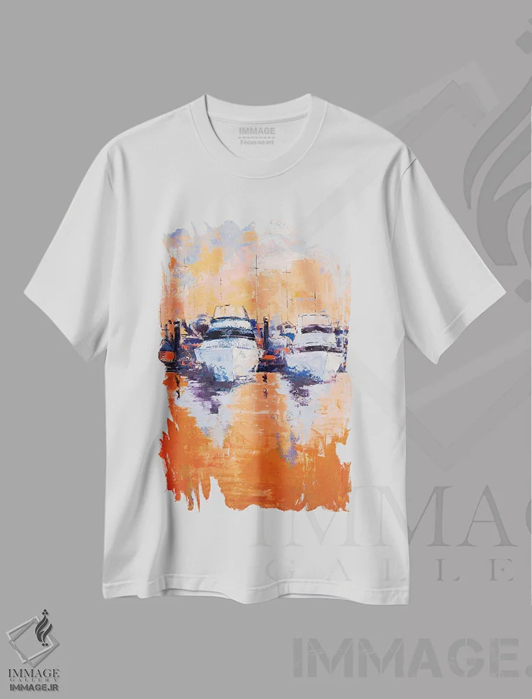 تیشرت سفید طرح دار اسکله ی عصرگاهی، آبستره اثر اولنا بوگاتسکا | immage.ir