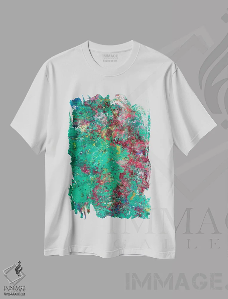 تیشرت سفید طرح دار انرژی تابستانی، آبستره اثر اولنا بوگاتسکا | فروشگاه ایماژ