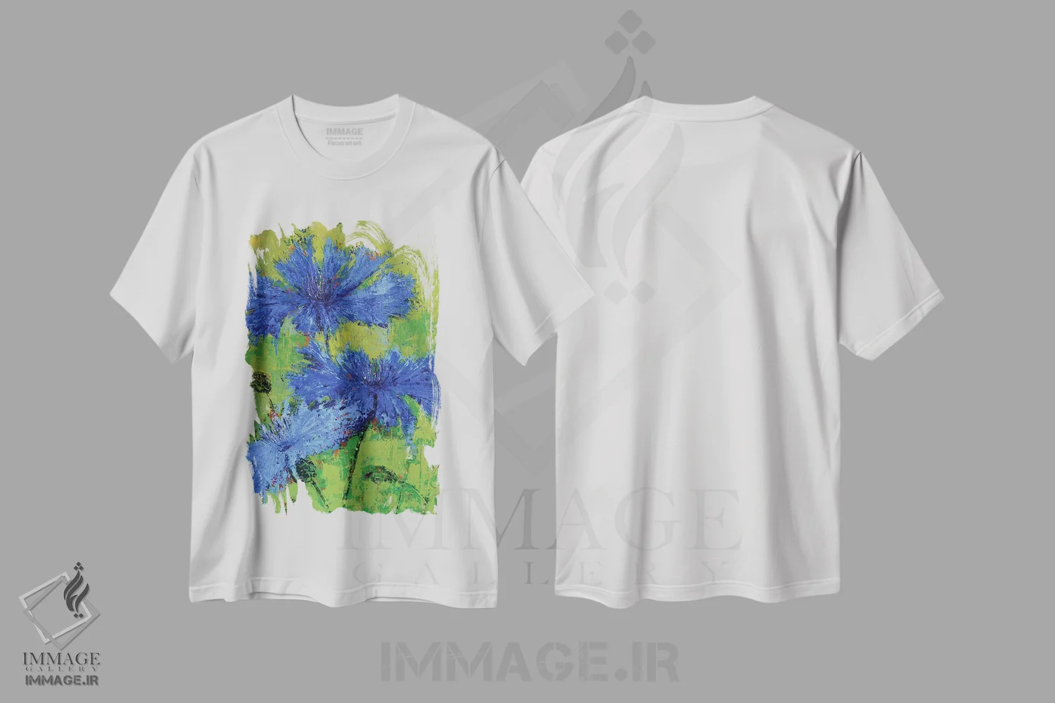 تیشرت سفید طرح دار شقایق های آبی II، آبستره اثر اولنا بوگاتسکا | immage.ir