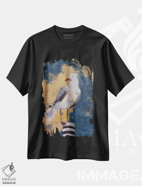تیشرت مشکی طرح دار مرغ دریایی I، هنر فاخر معاصر اثر اولنا بوگاتسکا | immage.ir