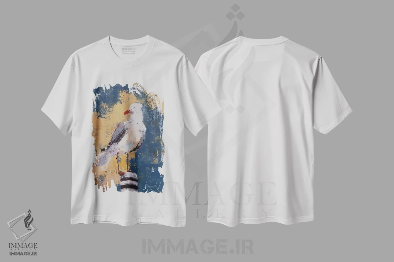 تیشرت سفید طرح دار مرغ دریایی I، هنر فاخر معاصر اثر اولنا بوگاتسکا | فروشگاه ایماژ