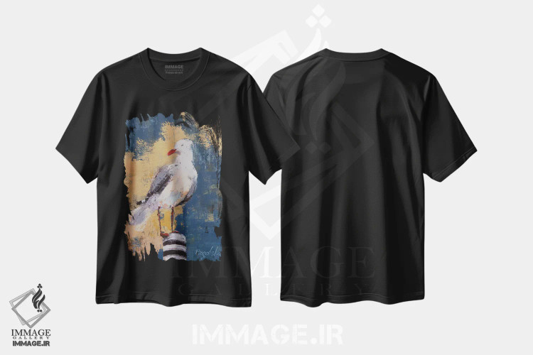 تیشرت مشکی طرح دار مرغ دریایی I، هنر فاخر معاصر اثر اولنا بوگاتسکا | immage.ir