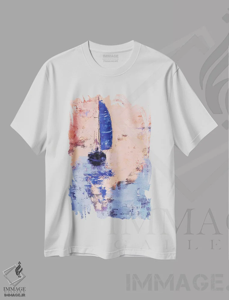 تیشرت سفید طرح دار بادبان آبی، آبستره اثر اولنا بوگاتسکا | immage.ir