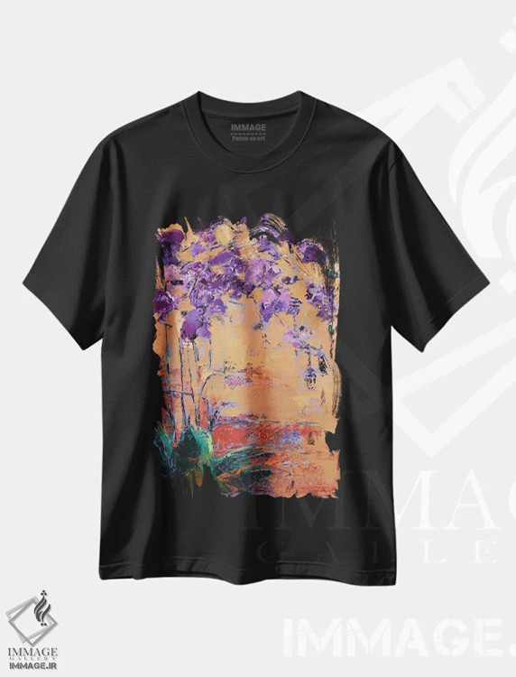تیشرت مشکی طرح دار ارکیده بنفش، آبستره اثر اولنا بوگاتسکا | immage.ir