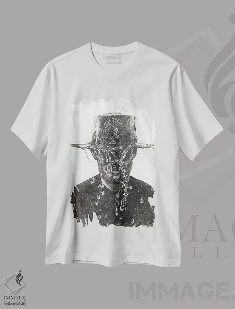 تیشرت سفید طرح دار بارش شدید، نقاشی و تصویرگری سیاه و سفید اثر اولیویا آرت | فروشگاه ایماژ