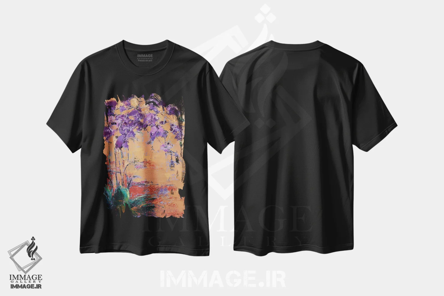 تیشرت مشکی طرح دار ارکیده بنفش، آبستره اثر اولنا بوگاتسکا | immage.ir