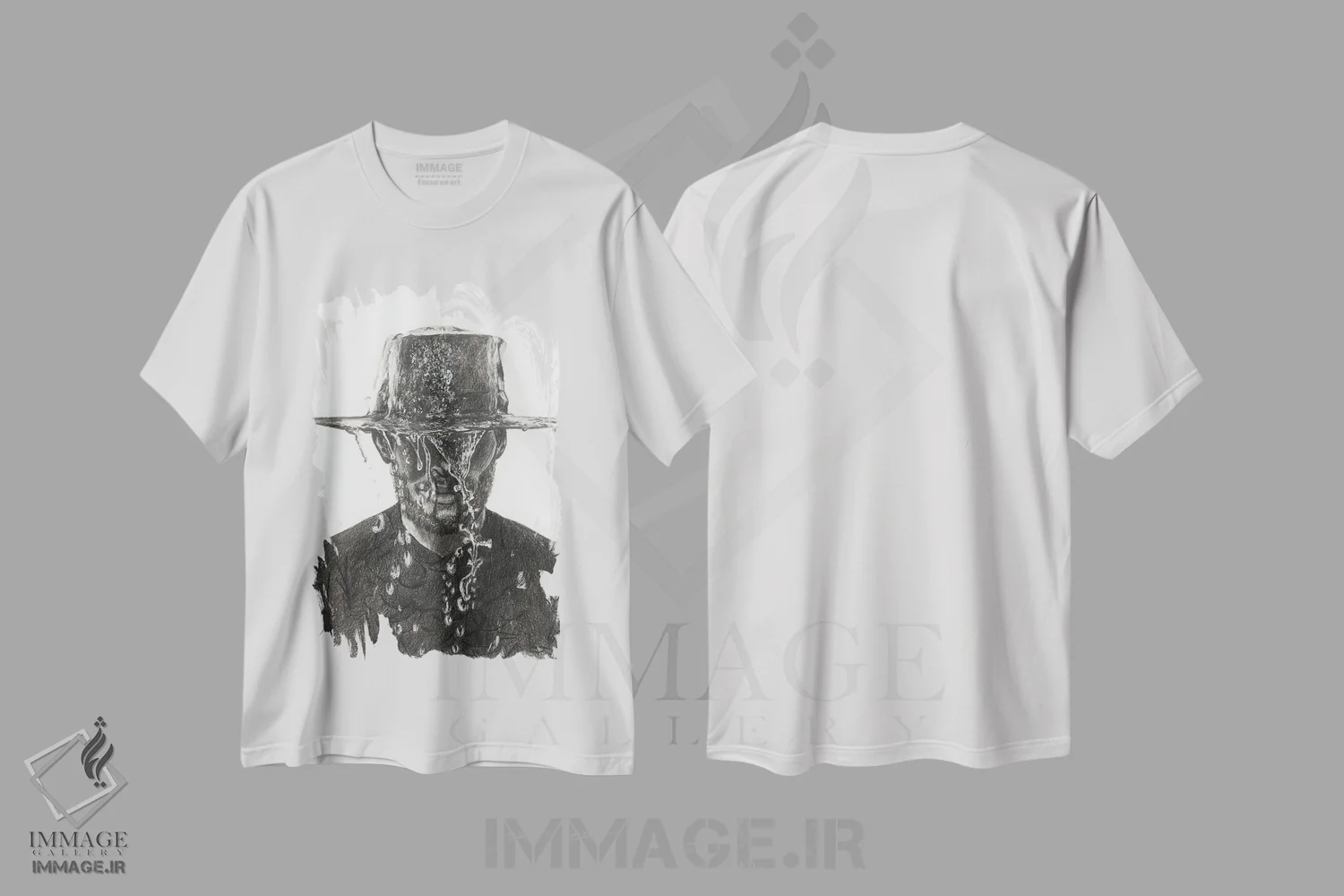 تیشرت سفید طرح دار بارش شدید، نقاشی و تصویرگری سیاه و سفید اثر اولیویا آرت | فروشگاه ایماژ