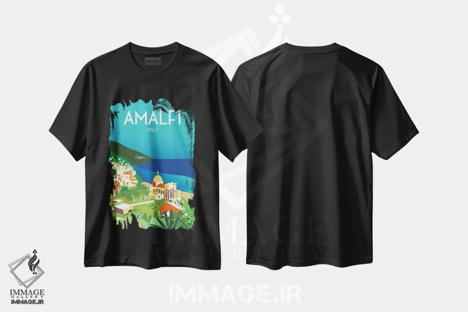 تیشرت مشکی طرح دار آمالفی، دکور ساحلی اثر عمر اسکالانته | فروشگاه ایماژ