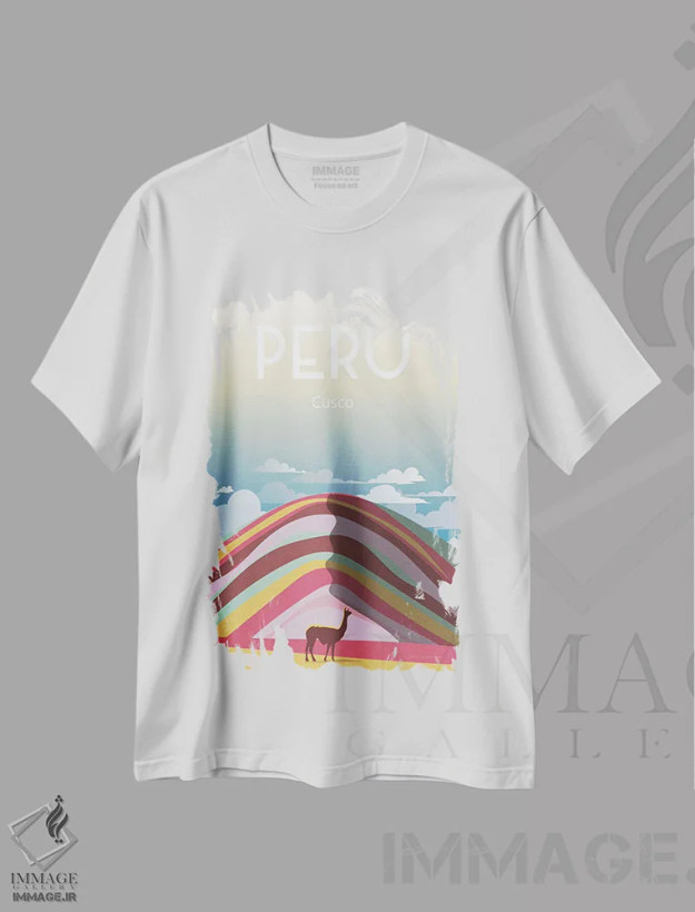 تیشرت سفید طرح دار پرو، تایپوگرافی اثر عمر اسکالانته | فروشگاه ایماژ