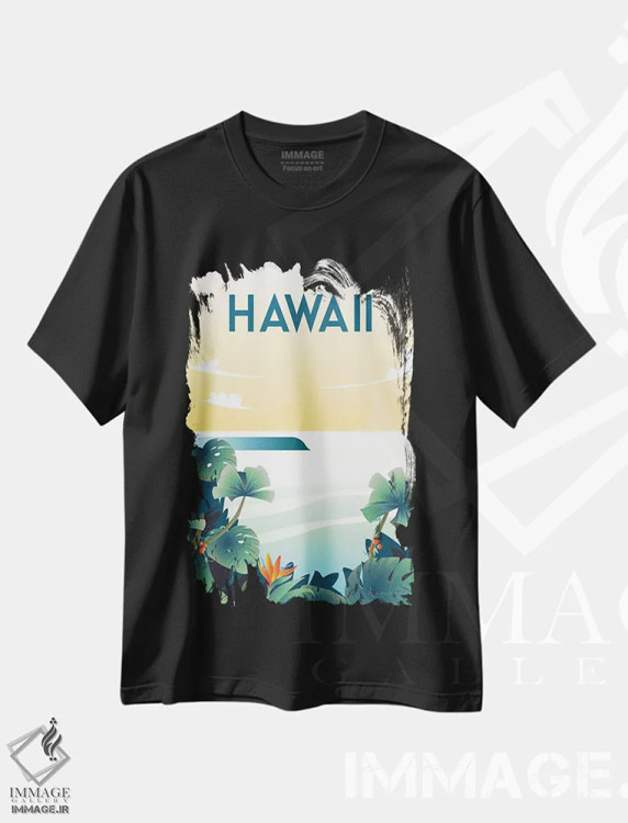 تیشرت مشکی طرح دار هاوایی، دکور ساحلی اثر عمر اسکالانته | فروشگاه ایماژ