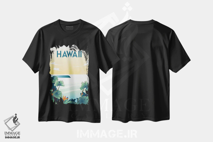 تیشرت مشکی طرح دار هاوایی، دکور ساحلی اثر عمر اسکالانته | فروشگاه ایماژ
