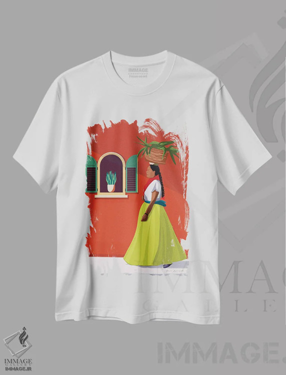 تیشرت سفید طرح دار زن در روز بازار، تزئینی اثر عمر اسکالانته | فروشگاه ایماژ