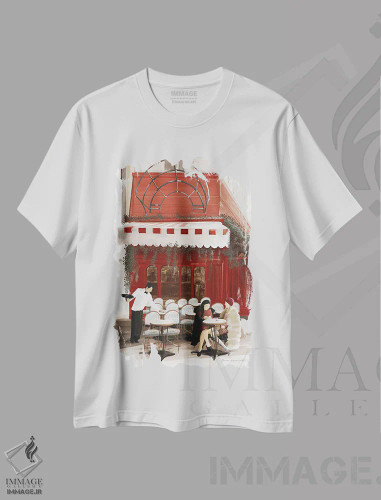 تیشرت سفید طرح دار کافه پاریسی، دکور معاصر اثر عمر اسکالانته | فروشگاه ایماژ