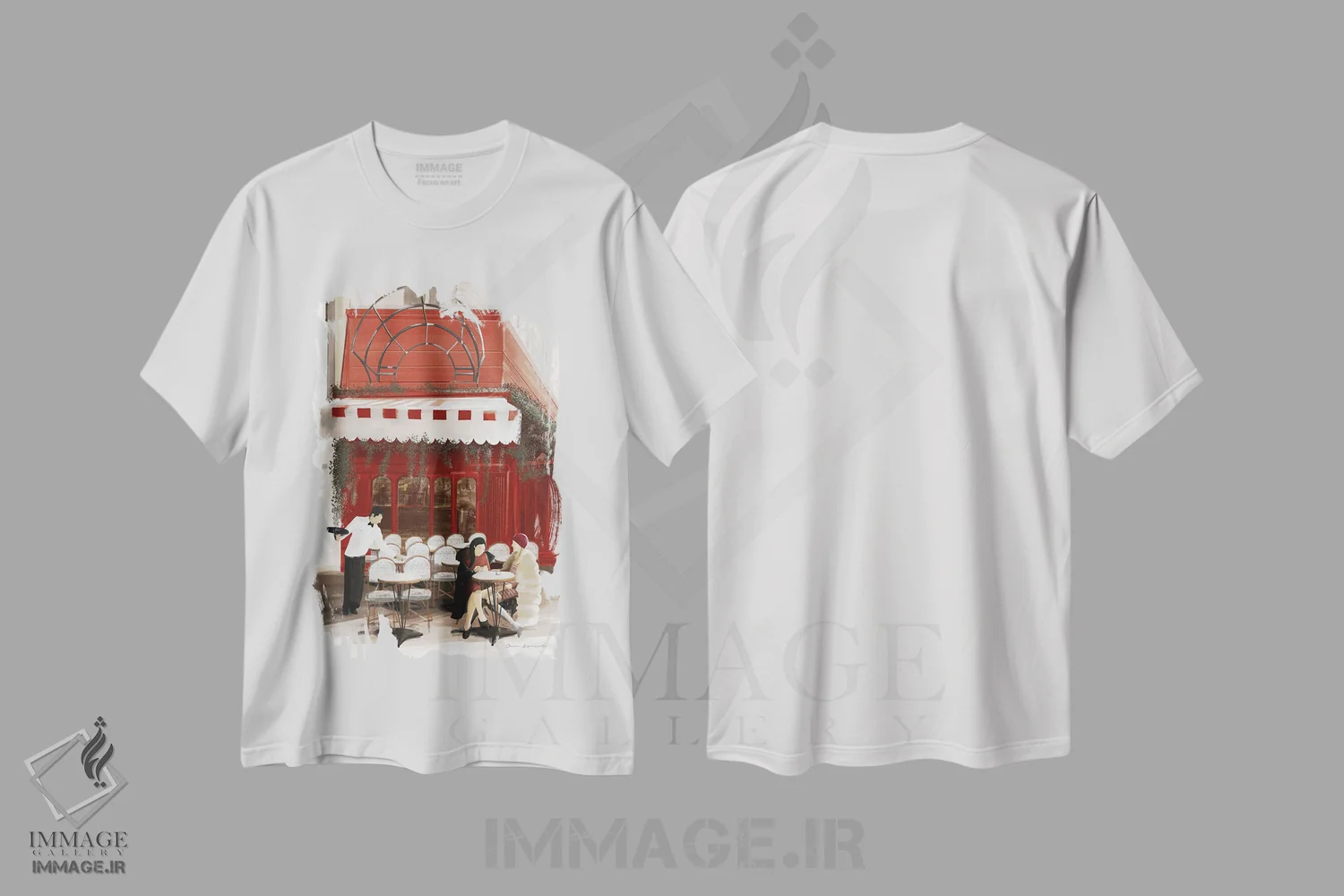 تیشرت سفید طرح دار کافه پاریسی، دکور معاصر اثر عمر اسکالانته | فروشگاه ایماژ