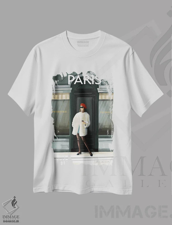 تیشرت سفید طرح دار دختر در پاریس II، هنر دیجیتال اثر عمر اسکالانته | immage.ir