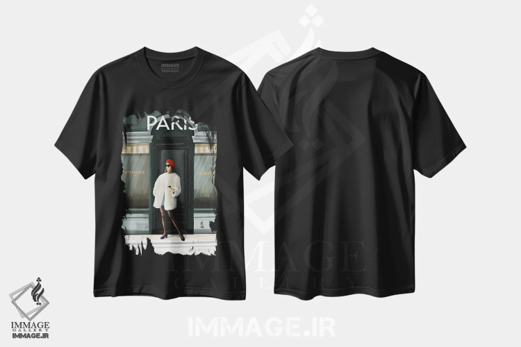 تیشرت مشکی طرح دار دختر در پاریس II، هنر دیجیتال اثر عمر اسکالانته | فروشگاه ایماژ