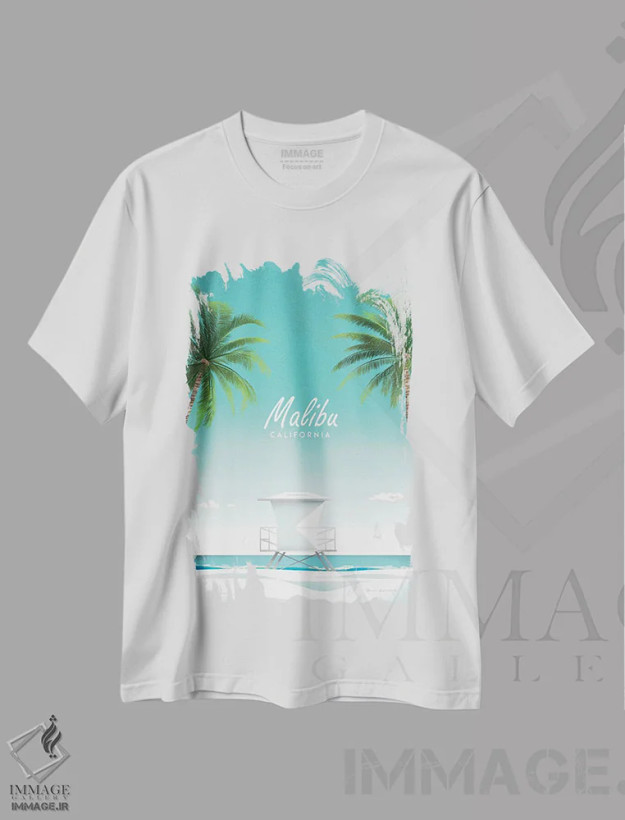 تیشرت سفید طرح دار مالیبو، دکور ساحلی اثر عمر اسکالانته | فروشگاه ایماژ