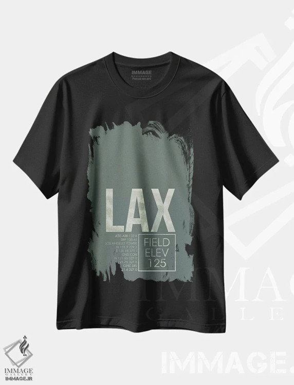 تیشرت مشکی طرح دار کد فرودگاه لس آنجلس، تزئینی اثر ۰۸ لفت | فروشگاه ایماژ