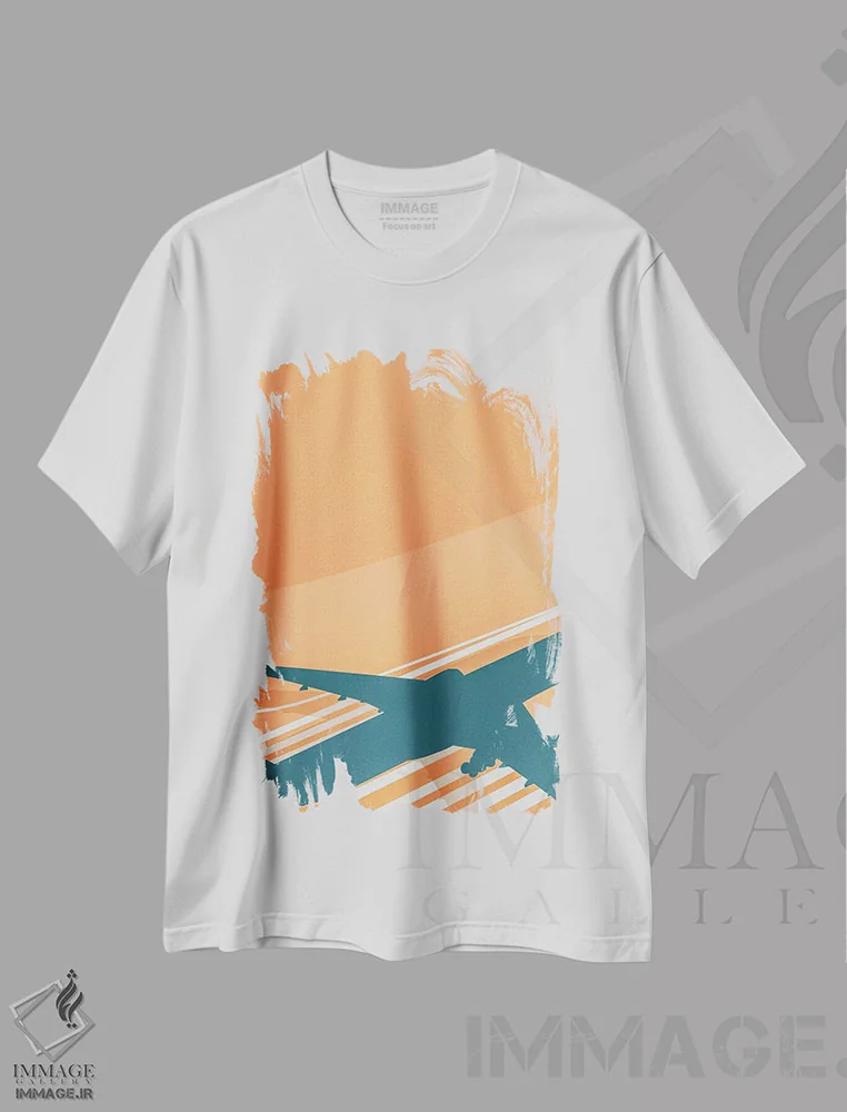 تیشرت سفید طرح دار پرواز صبحگاهی در آسمان هلویی، هنر دیجیتال اثر ۰۸ لفت | فروشگاه ایماژ