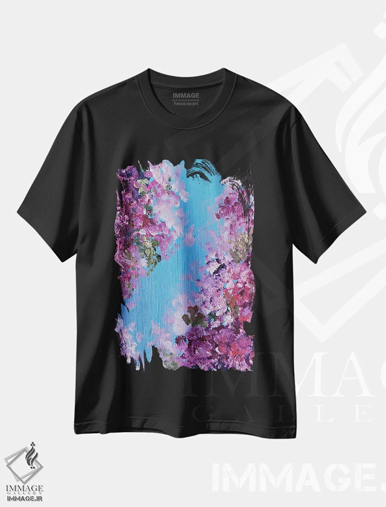 تیشرت مشکی طرح دار گل کاغذی قرمز سیر، دکور معاصر اثر اوکسانا افتیه وا | فروشگاه ایماژ