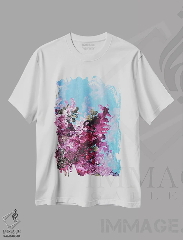 تیشرت سفید طرح دار گل کاغذی بورگونی، دکور معاصر اثر اوکسانا افتیه وا | فروشگاه ایماژ